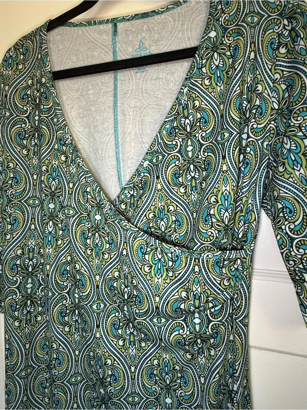prAna Nadia Veeda V-Neck Faux Wrap 3/4 Sleeve Paisley Midi Dress Green & Blue XL - Picture 6 of 13